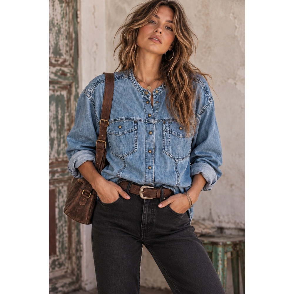Liz Claiborne Jeans Denim Shirt Women M Blue Snap Front Mandarin Collar Vintage